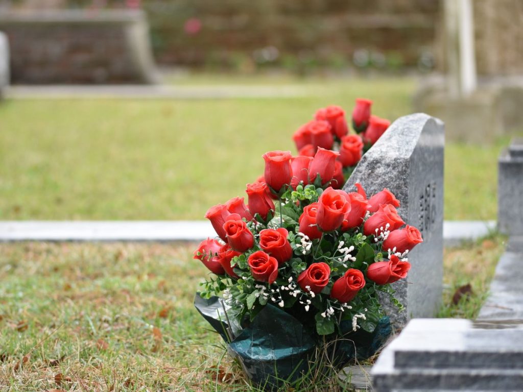 Beautiful red roses placed on a tombstone, symbolizing love and remembrance in a cemetery setting